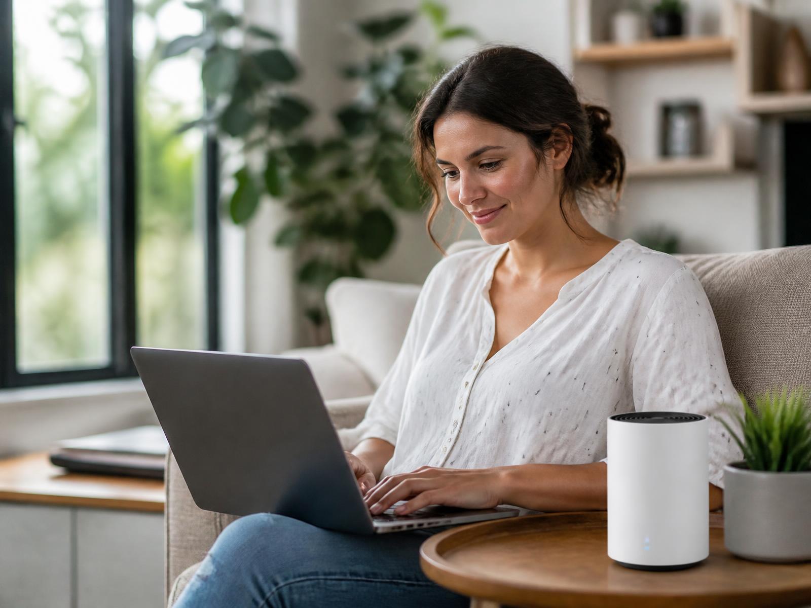 A woman working on her laptop at home next to a 5G home internet router