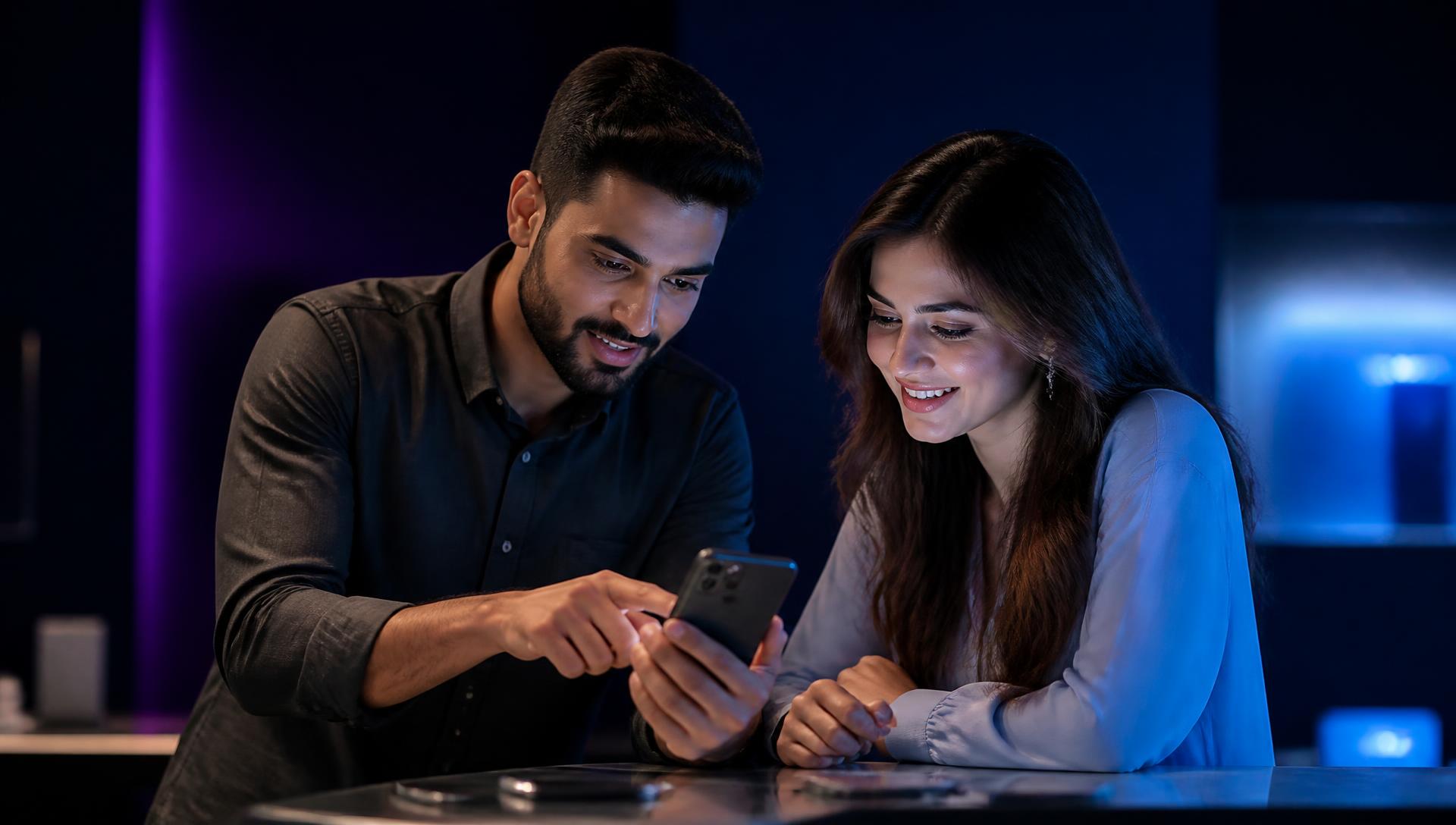 A mobile expert walking a customer through their phone plan on their smartphone